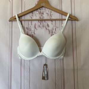 SKIMS Cotton Lace Lightly Lined Plunge Bra Marble White Size 32D NWT $54